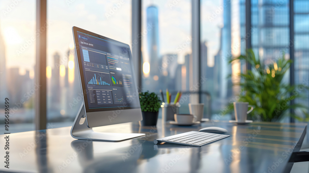 Aufkleber modern computer showing statistics charts on desk in office at sunset with skyline view