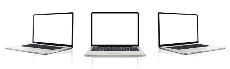 Laptop blank screen mockup. Realistic laptop in different positions with reflection.