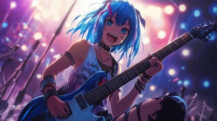 Obraz premium An anime girl with a punk rock style, playing an electric guitar on stage