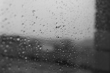 Rain or snow drops on the window. Black and white photo. Soft focus