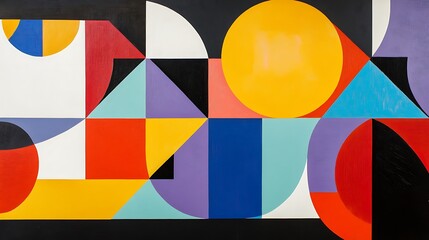 A geometric abstract painting featuring bold shapes and contrasting colors, creating a striking visual impact --ar 16:9