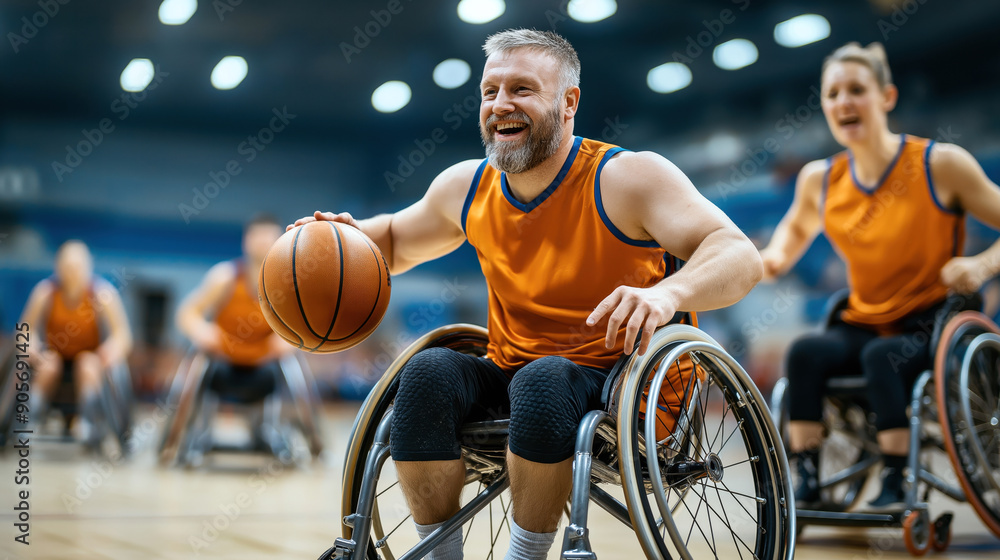 Wall mural A group of athletes in wheelchairs playing wheelchair basketball in a gym. The focus is on a smiling man holding a basketball, wearing an orange jersey.