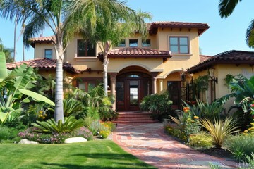 Fototapeta premium House San Diego. Traditional Home with Green Palm Trees in Point Loma, California