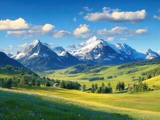 Majestic snow-capped mountains overlooking lush green valleys under a bright blue sky