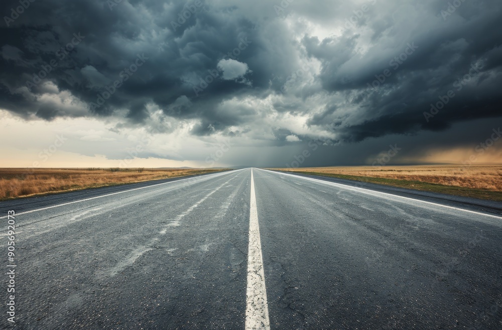 Wall mural Lonely Highway Under Dark Clouds in an Open Landscape