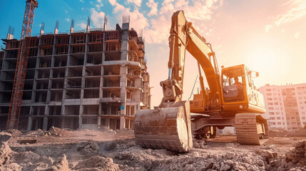 A large construction site with an excavator working on the building under construction, against the backdrop of modern buildings and sky