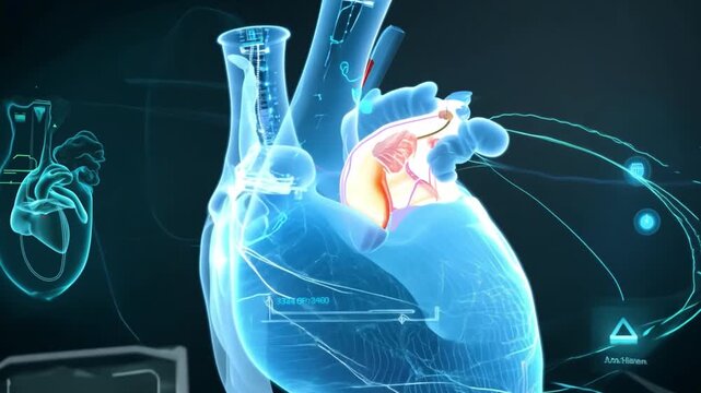 A detailed 3D representation of the human heart is displayed with annotated data in a futuristic medical setting.