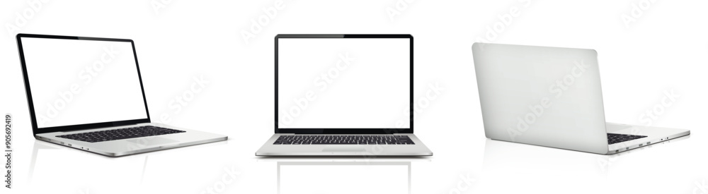 Poster laptop computer with white screen, front and rear view with reflection