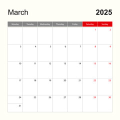 Wall calendar template for March 2025. Holiday and event planner, week starts on Monday.