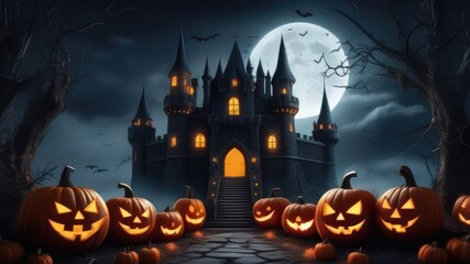dark gloomy high castle with cobwebs, pumpkins , Halloween holiday concept