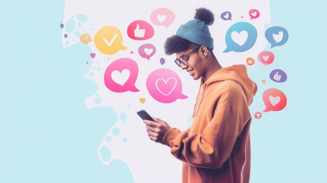 A man interacts with his smartphone, immersed in social media, surrounded by colorful icons representing likes and reactions in a digital setting. Generative AI