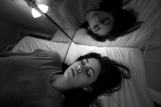 Reflection of a Woman in Bed Under a Lamp in a Dark Room Conceptual Black and White Photography