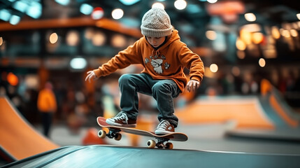 Young boy wearing a knit hat and brown hoodie performing a skateboard trick in an indoor skate park
