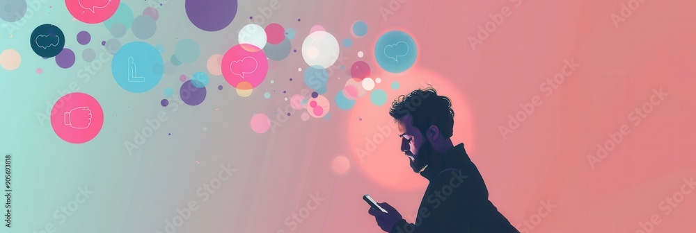 Leinwandbilder a man interacts with his smartphone, surrounded by vibrant social media icons representing likes and