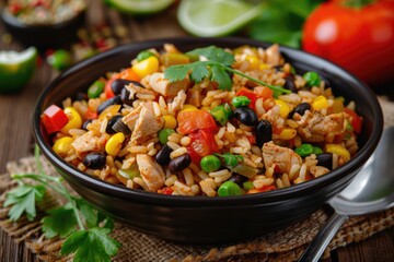 Mexican Chicken And Rice. Colorful Mexican Rice Dish with Minced Meat, Beans, and Tomatoes