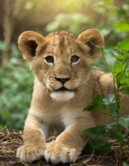 The baby lion is in the wild