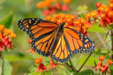 Fototapeta premium Monarch Butterfly On Milkweed Flower. Orange Butterfly Insect in Nature Garden