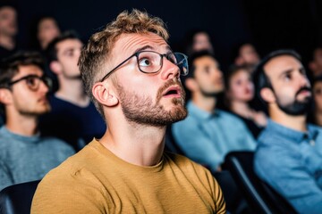 Young Man in Glasses Watching Movie in Theater with Captivated Audience