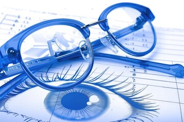 Blue Eyeglasses on Eye Test Chart: Closeup of Spectacles with Focus on Ophthalmology and Vision Check