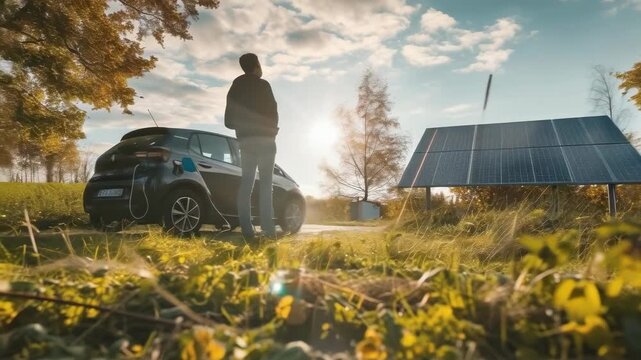 Young caucasian man standing next to an electric car and large solar panels at sunset. He is facing the panels, reflecting an eco-friendly and sustainable lifestyle in a rural setting.