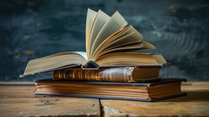 Fototapeta premium Stack of hardcover books on table with open book back to school concept