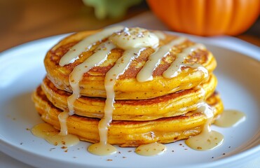 Pumpkin Cogsleys glazed pancakes arranged on a white plate with a drizzle of sweet syrup