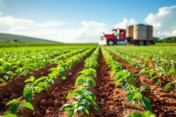 Obraz premium Agriculture Semi Truck in Brazil. Baby Bean Plantation with Unfocused Silos