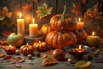 A gathering of pumpkins and candles in the autumn glow