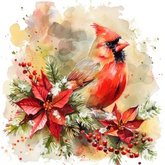Cardinal Christmas. Watercolor Christmas Card with Cardinal Bird, Poinsettia, and Festive Decorations