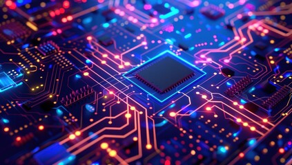 Obraz premium Closeup of a Circuit Board with a Glowing Processor