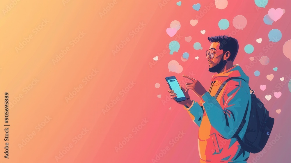 Poster a man interacts with his smartphone, visibly enjoying social media engagement as likes and reactions