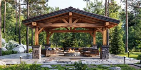 Simple and Elegant Wooden Patio with Open Roof Design, Stone Walls as Seating Areas, Offering a Cozy Spot for Family to Enjoy a Bonfire Together.