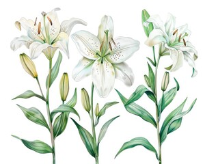 Clipart Lilies. Isolated White Flowers Watercolor Set for Greeting Cards and Wedding Invitations