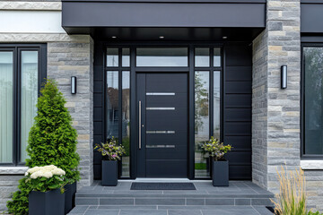 Modern Black Front Door With Long Handle and Glass