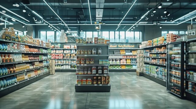 An empty grocery store interior with unstocked shelves in a contemporary supermarket, featuring ambient lighting and a sterile environment.