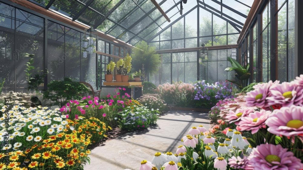 Poster a colorful array of blooming flowers fills a spacious glasshouse, illuminated by soft sunlight filte