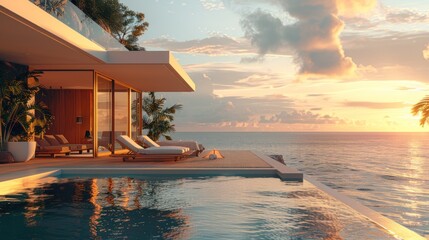 A luxurious beach lounge with sun loungers and a private pool on a sunbathing deck at a luxury villa with a panoramic ocean view, showcasing warm lighting and a cozy ambiance.