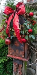 Holiday Mailbox. Christmas Ribbon and Bow Decoration for Seasonal Celebrations