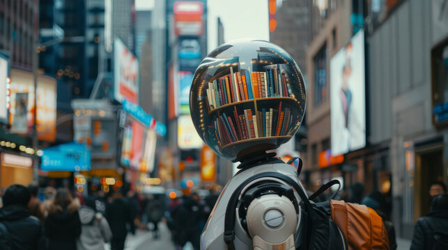 An intelligent android with a library head against the backdrop of bustling urban diversity. The pursuit of knowledge in the era of digitalization