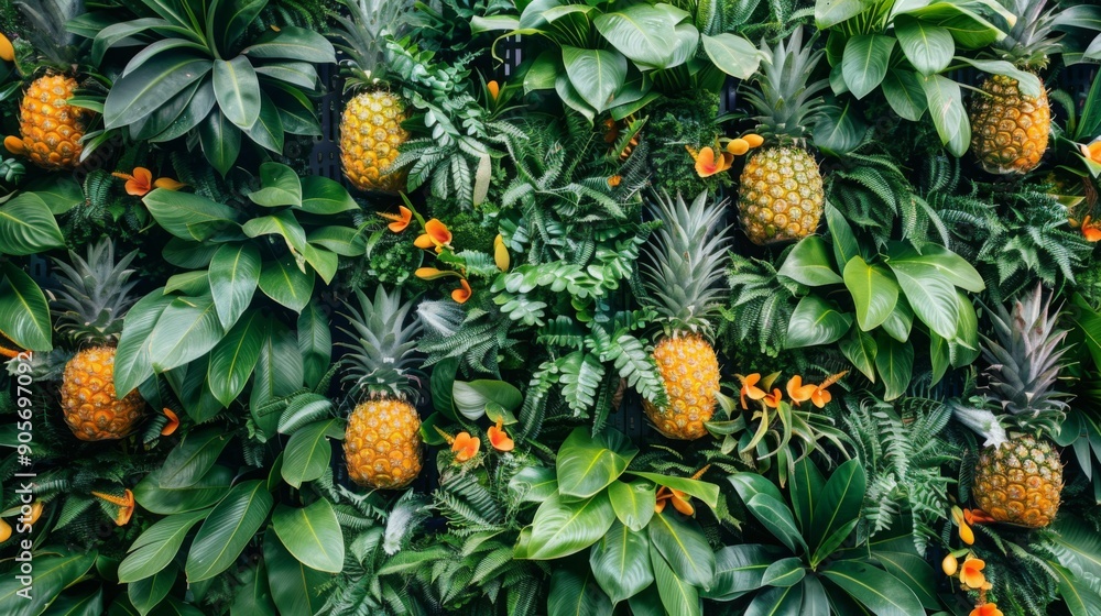 Poster vibrant pineapples are nestled within a rich display of tropical leaves and orange flowers, creating