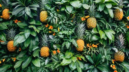 Fototapeta premium Vibrant pineapples are nestled within a rich display of tropical leaves and orange flowers, creating a lively indoor garden atmosphere.