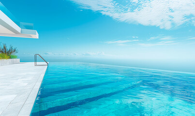 Fototapeta premium Infinity Pool Overlooking Ocean on Bright Summer Day, Luxury Resort with Modern Design, Relaxation and Calmness Concept, Ideal Summer Vacation Spot
