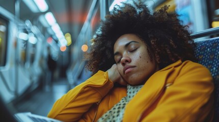 Obraz premium Urban Commute Rest - Multiracial Woman Sleeping on Subway Train in City Transportation. Generative ai