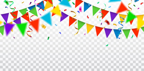 Vector decorative hanging colorful bright cofetti, streamers and garlands, party celebration decoration, seamless pattern, border or banner