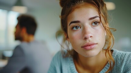 Obraz premium Pensive Expression of a Young Woman in a Casual Setting for Lifestyle or Emotional Concepts. Generative ai