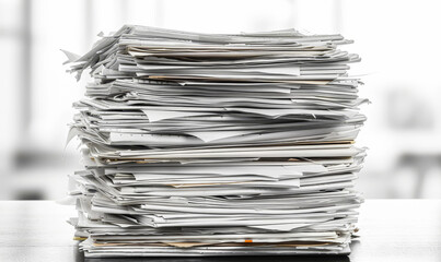 Large Stack of Papers on a Desk, Office Documents, Paperwork Overload, White Background, Work Stress, Busy Workplace, Business Administration, Organizational Chaos