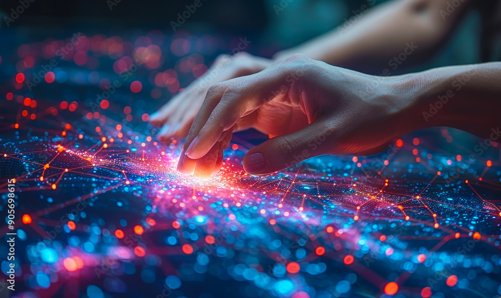 Poster female hands touching digital brain network connections in futuristic interface at night representin