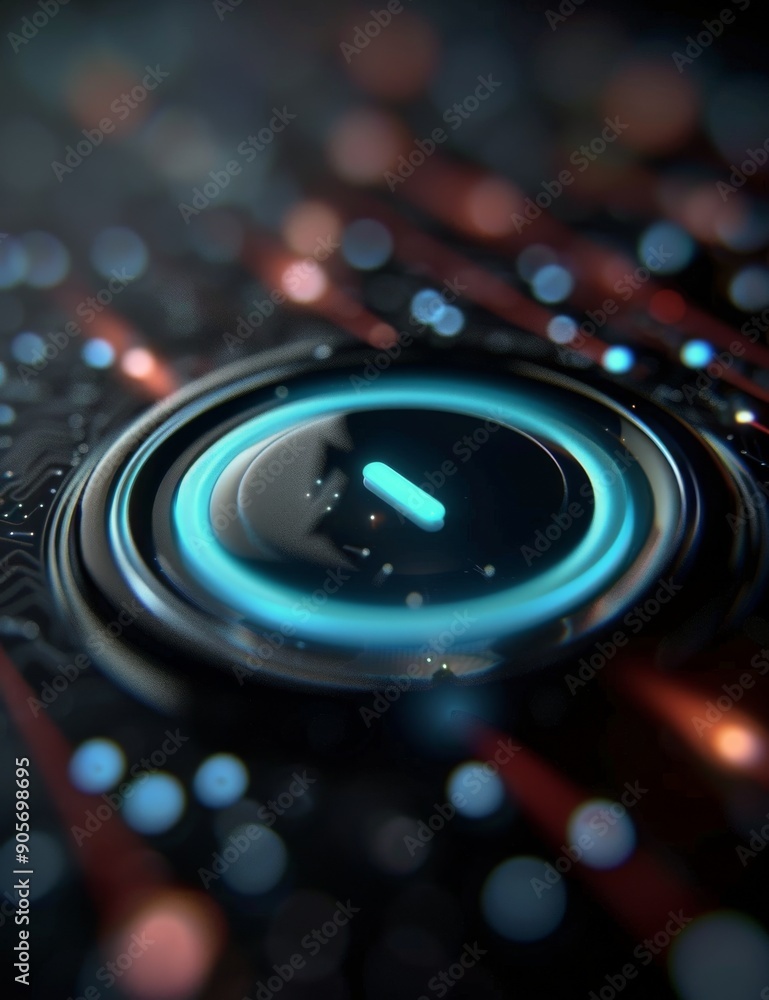 Poster glowing button in dark environment with colorful bokeh effects