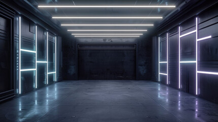 Obraz premium Dark concrete garage with lines of led light, abstract futuristic modern hall interior, perspective of urban construction background. Concept of room, building, warehouse