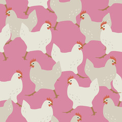 Chickens vector seamless pattern on pink background. Creative farming wallpaper design with domestic birds, perfect for textile, paper, scrapbooking